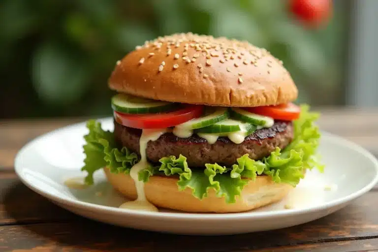 A vibrant burger bowl with fresh vegetables.
