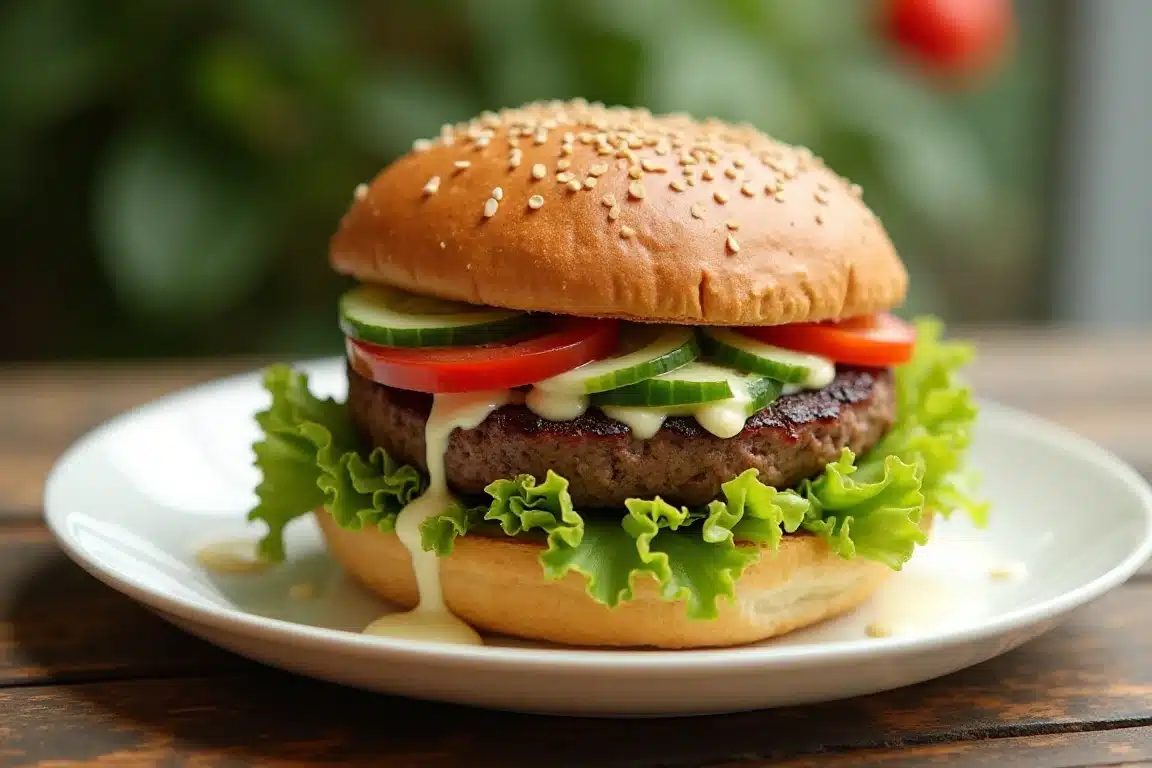 A vibrant burger bowl with fresh vegetables.
