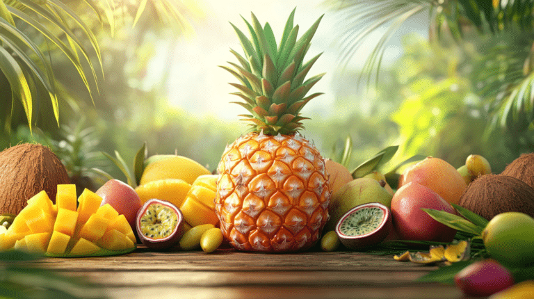 Fresh pineapple with tropical fruits on a rustic table under sunlight.