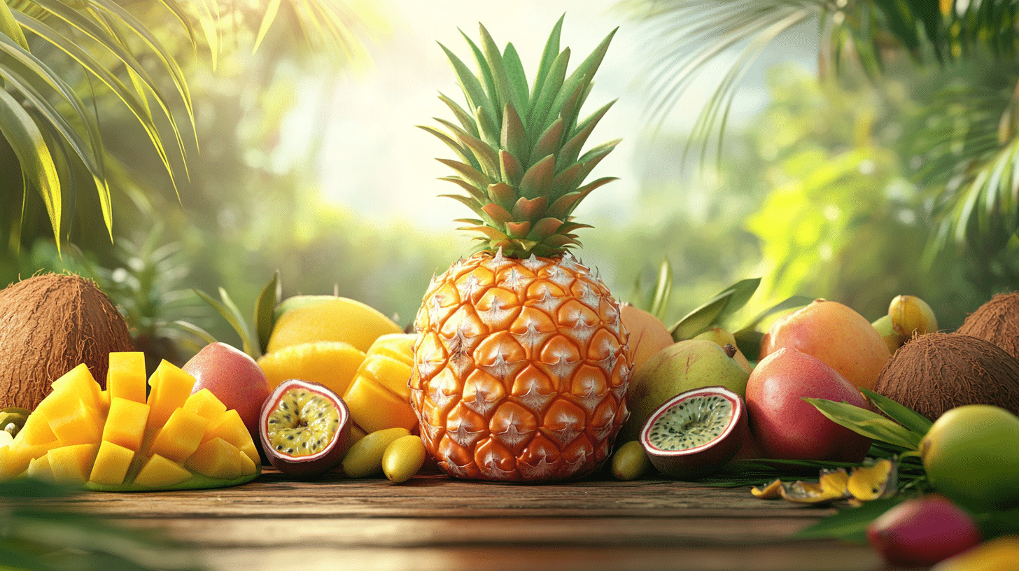Fresh pineapple with tropical fruits on a rustic table under sunlight.