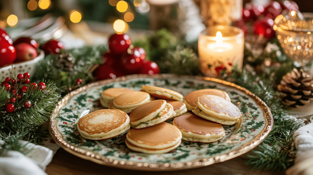 Mini pancakes served with festive decorations for a holiday gathering