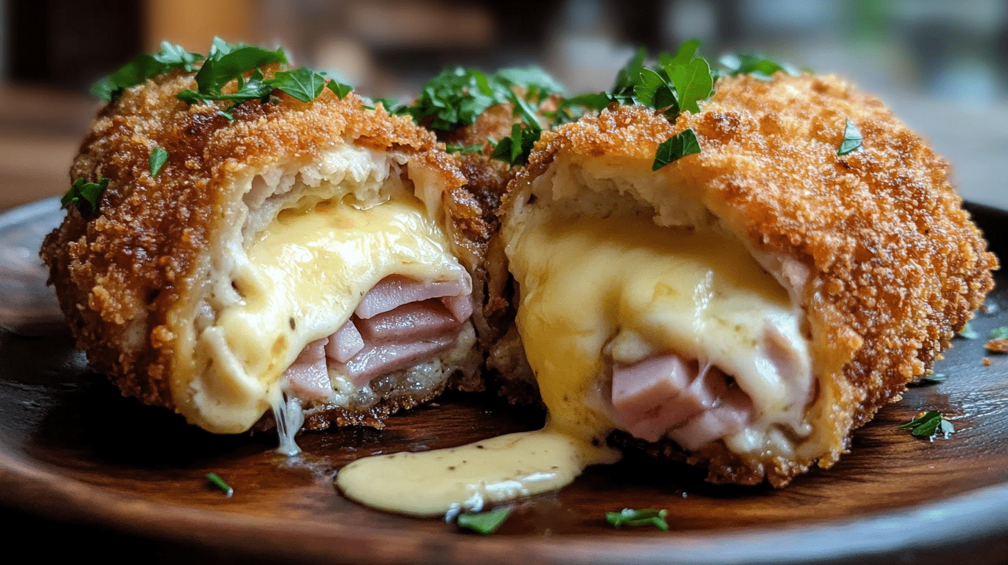 A perfectly cooked chicken cordon bleu cut open to reveal the melted cheese inside.