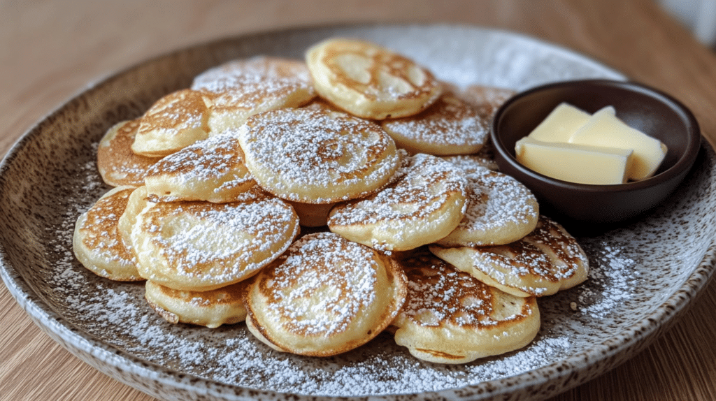 Traditional poffertjes dusted with powdered sugar on a ceramic plate
