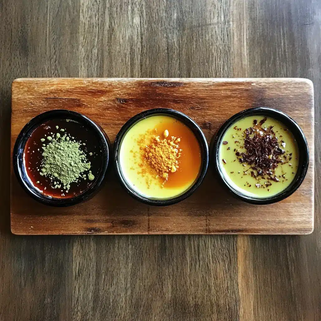 A display of different flavored crème brûlées, such as chocolate, matcha, and citrus.