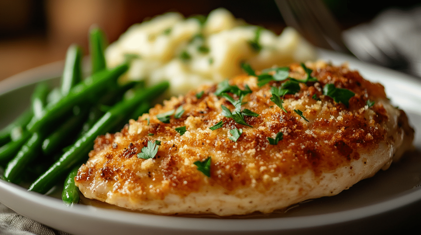 Parmesan crusted chicken served on a plate.