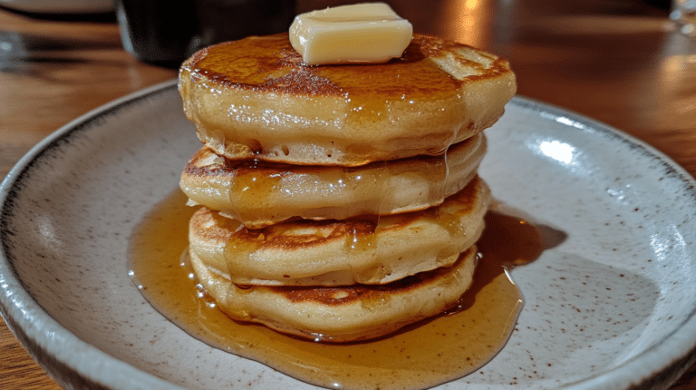 Stack of freshly made mini pancakes with butter and syrup