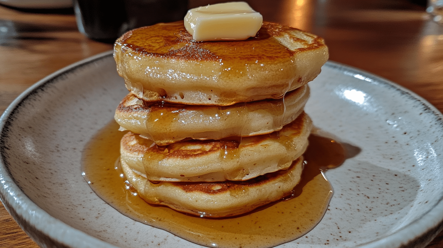 Stack of freshly made mini pancakes with butter and syrup