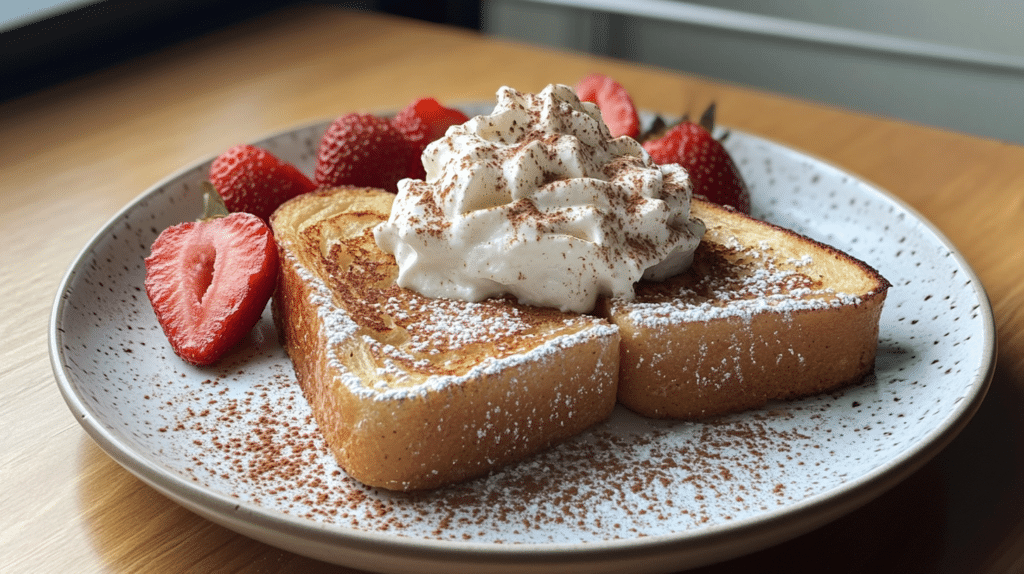 French toast topped with whipped cream, fresh fruits, and a sprinkle of cinnamon.