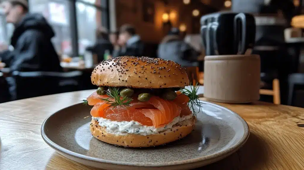 Bagel sandwich with smoked salmon and cream cheese.