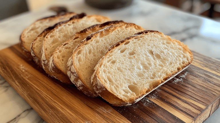 Sliced sourdough bread on a wooden cutting board