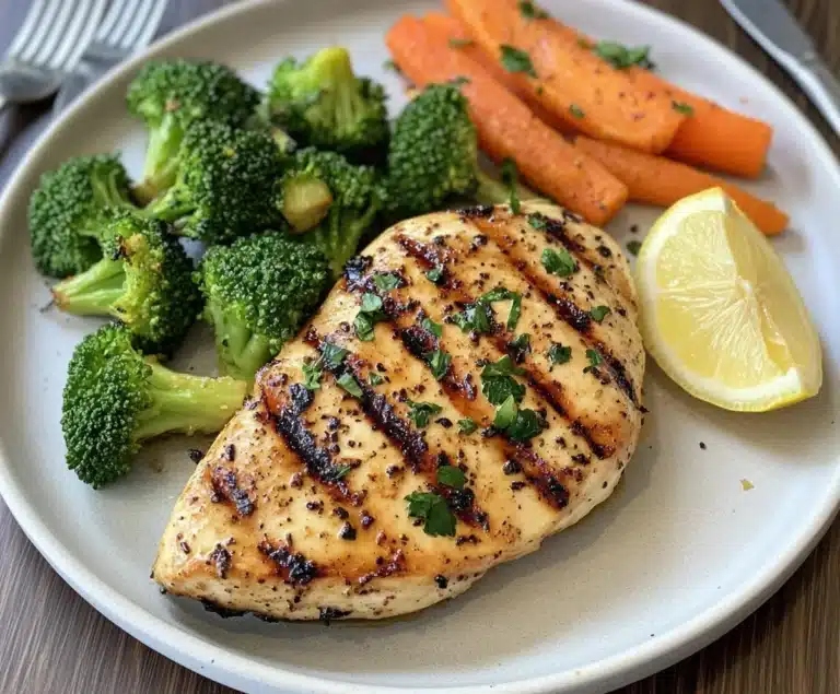Healthy grilled chicken on a plate with steamed vegetables