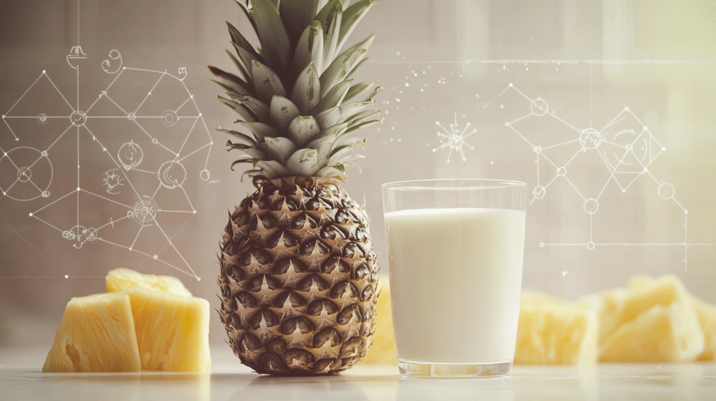 Diagram explaining the reaction between pineapple enzymes and milk proteins.