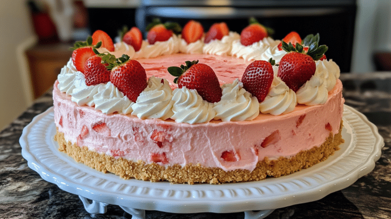 A whole strawberry crunch cheesecake on a decorative platter.