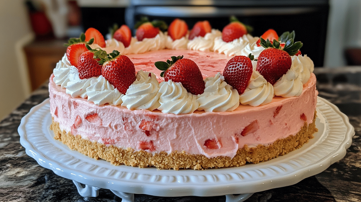 A whole strawberry crunch cheesecake on a decorative platter.