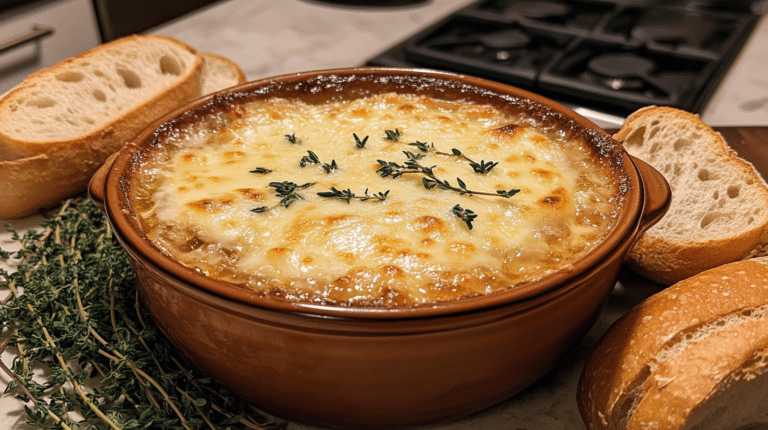 A steaming bowl of French onion soup with melted cheese on top.