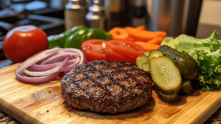 A bunless gourmet burger patty surrounded by fresh vegetables and condiments on a wooden cutting board.
