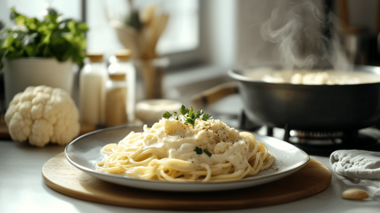 Modern kitchen with creamy pasta and ingredients for bechamel sauce alternatives like cashews and almond milk.