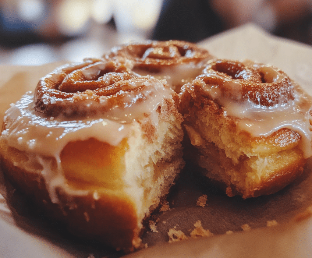 Close-up of a cinnamon roll and a Pershing donut cut in half.
