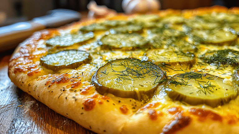Close-up of a freshly baked pickle pizza with dill pickles and melted cheese on a rustic wooden table.