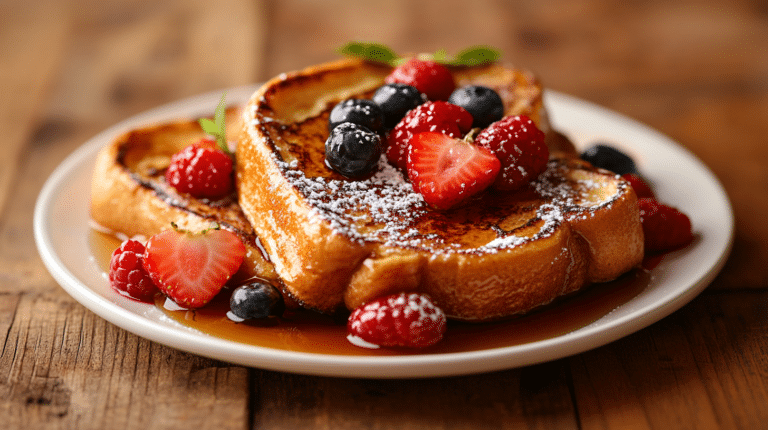 A plate of golden-brown French toast with fresh berries and syrup.