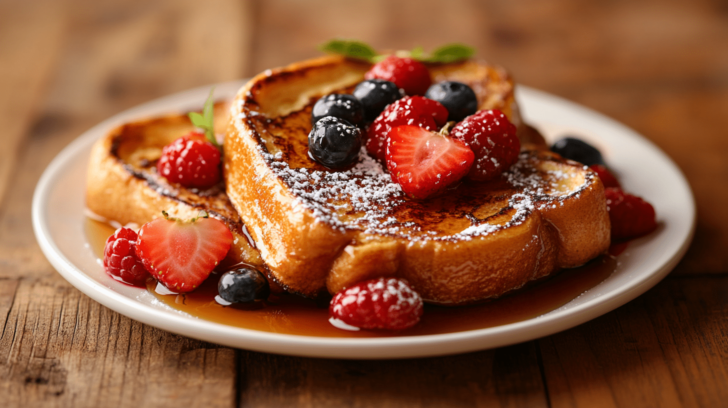 A plate of golden-brown French toast with fresh berries and syrup.