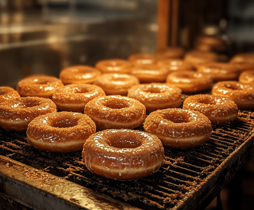 Pershing donuts displayed on a bakery counter.