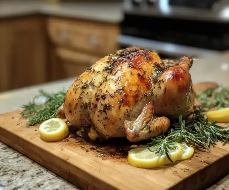 A perfectly roasted, juicy chicken on a wooden cutting board surrounded by fresh herbs.