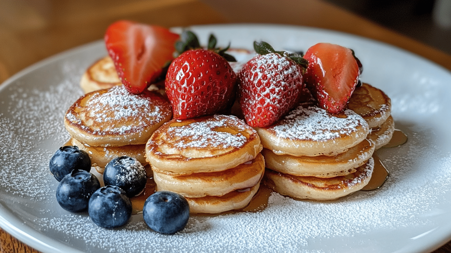 A stack of mini pancakes with syrup and fresh fruit