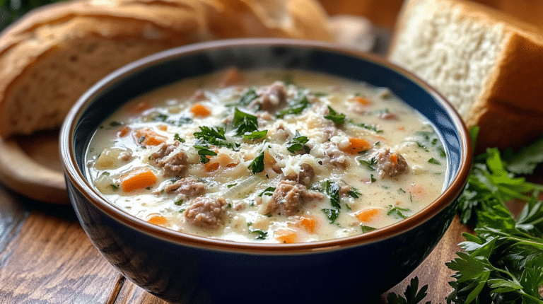 A steaming bowl of creamy parmesan sausage soup with garnishes on a rustic table.