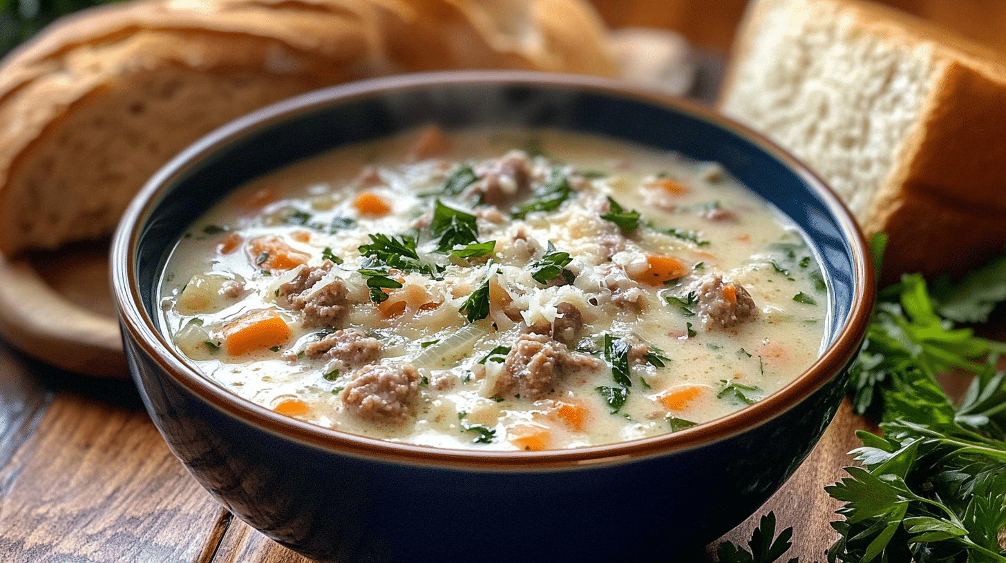 A steaming bowl of creamy parmesan sausage soup with garnishes on a rustic table.