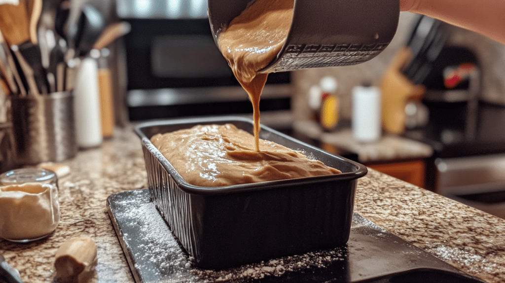 "Banana bread batter being poured into a loaf pan for baking."