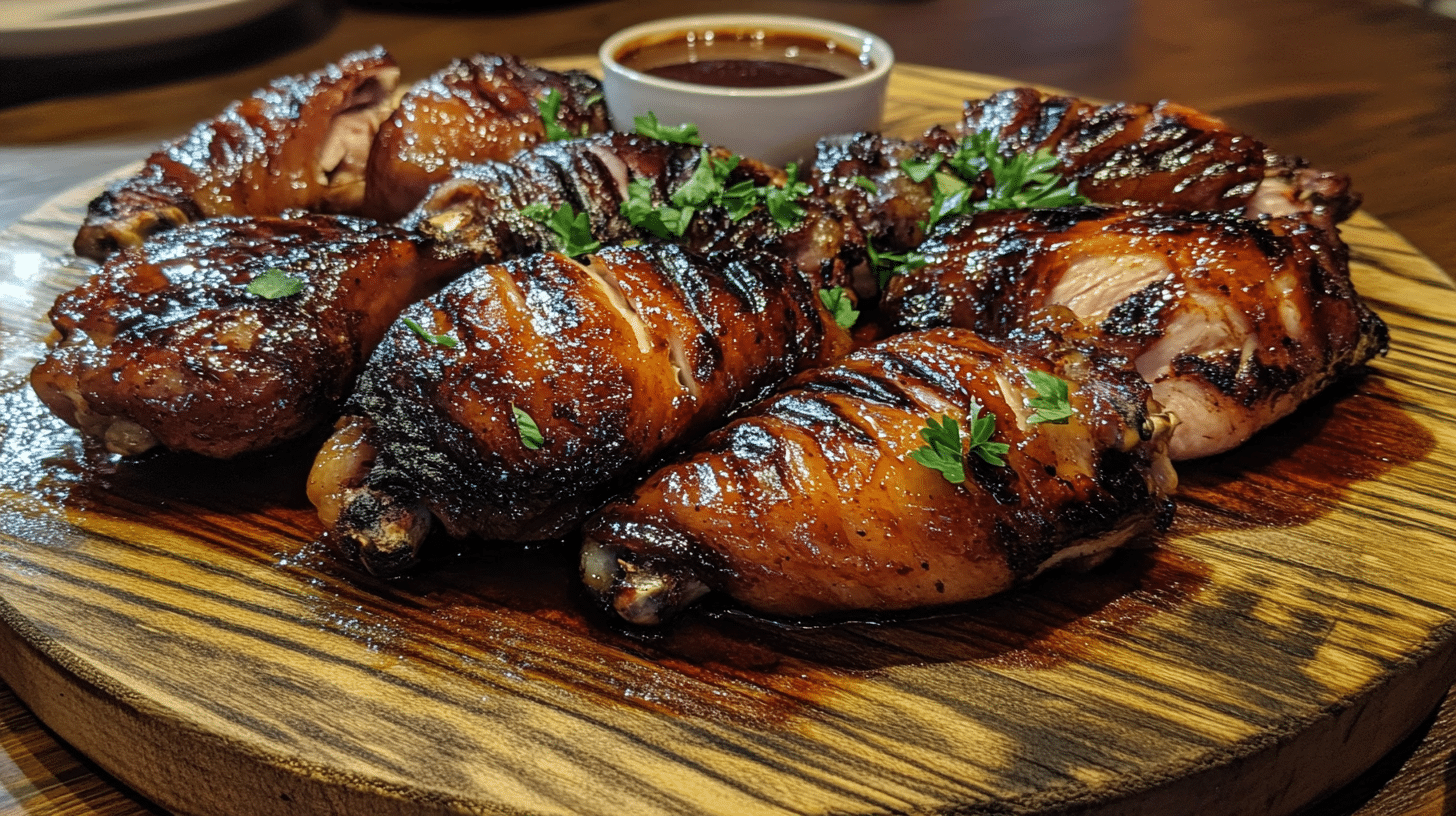 Golden-brown smoked chicken wings on a wooden platter with herbs and dipping sauce.