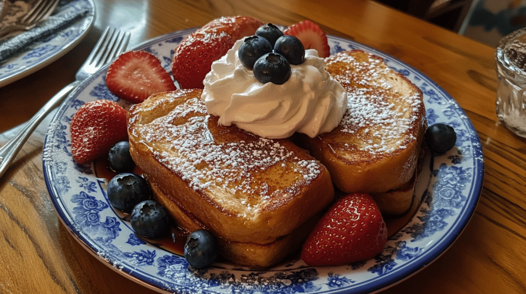 Texas French toast served with whipped cream and berries.