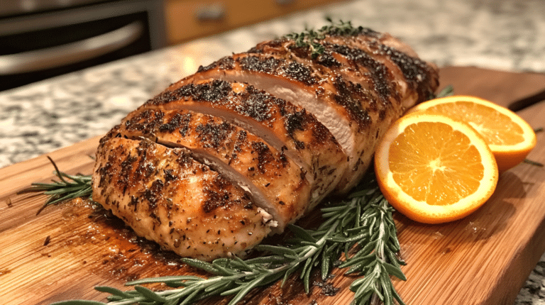 A beautifully smoked turkey fillet garnished with fresh herbs and sliced oranges on a wooden board.