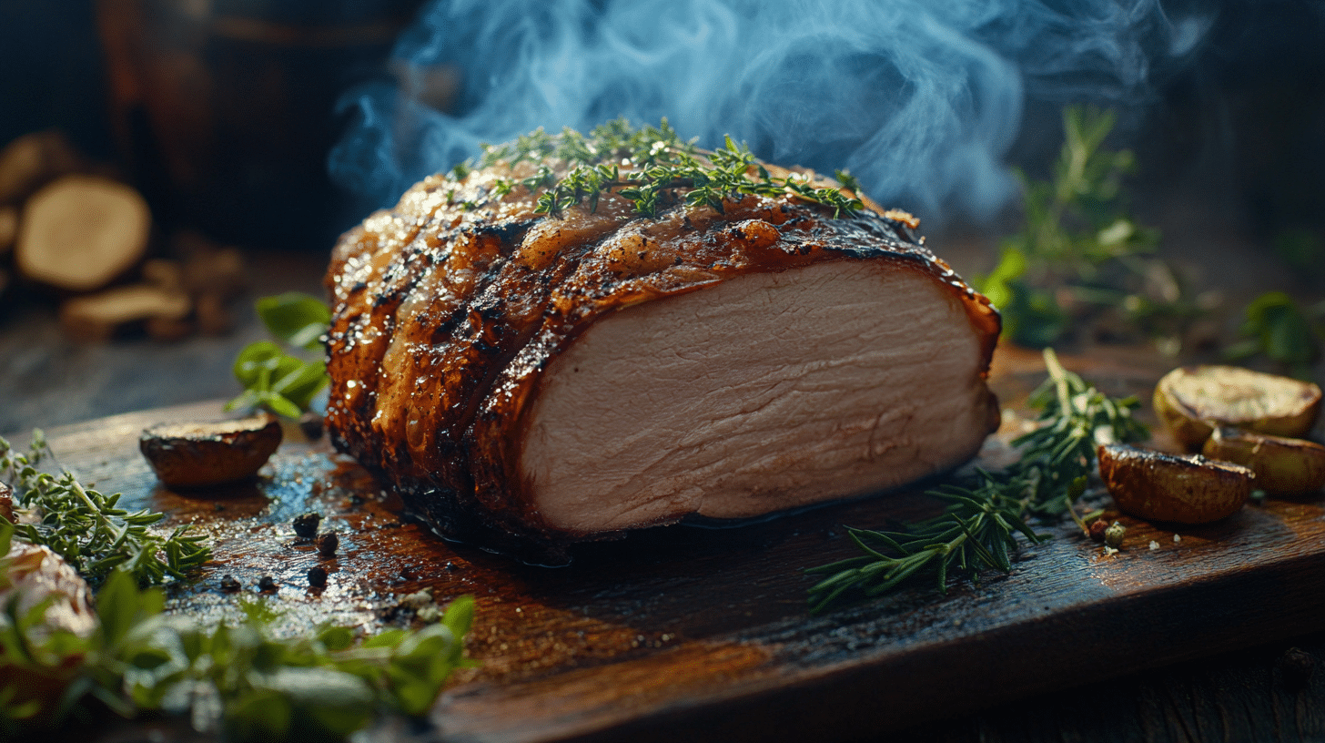moked turkey cut with a golden-brown crust on a wooden cutting board surrounded by herbs.