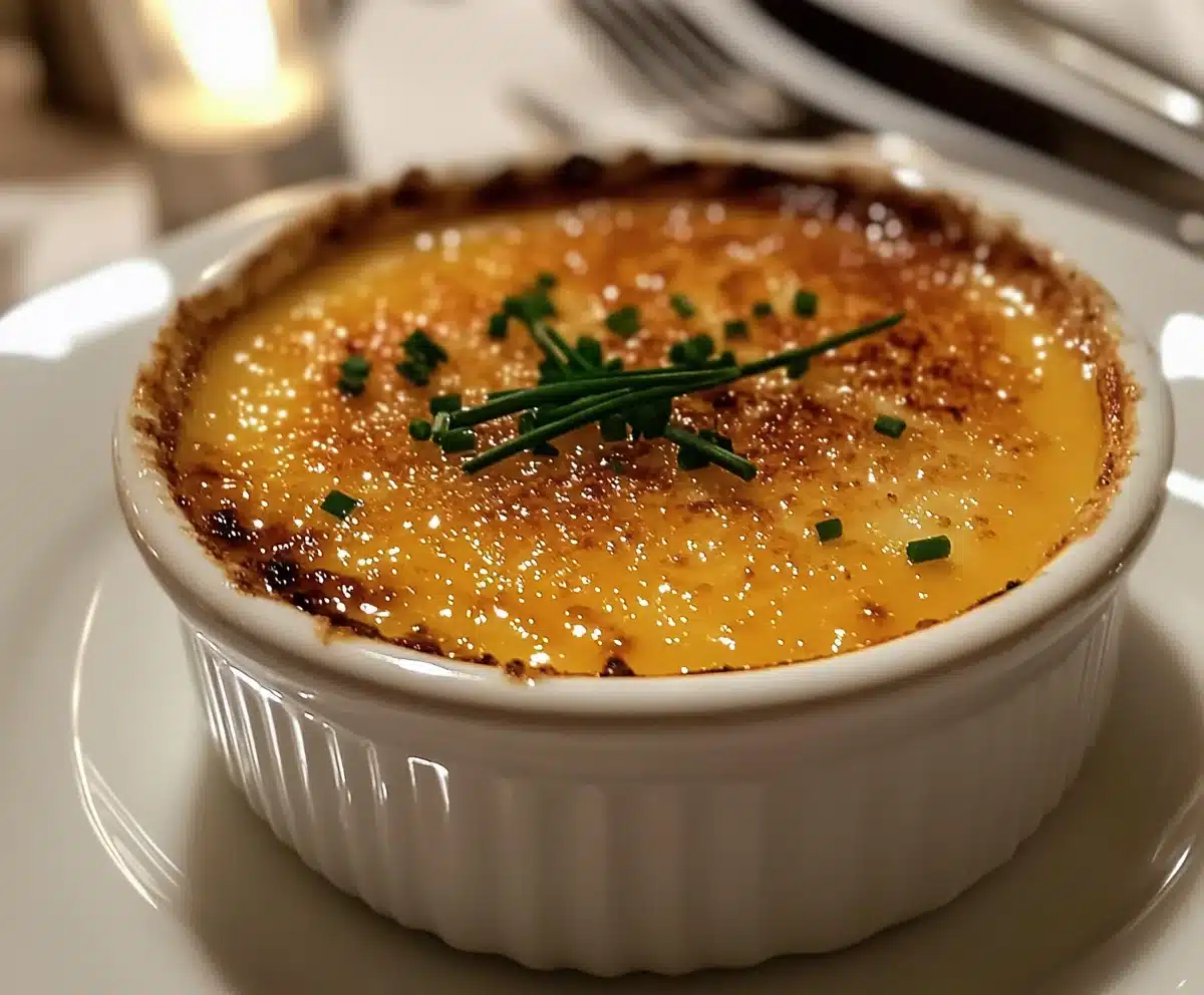 A gourmet crab brulee served in a ramekin with a caramelized crust