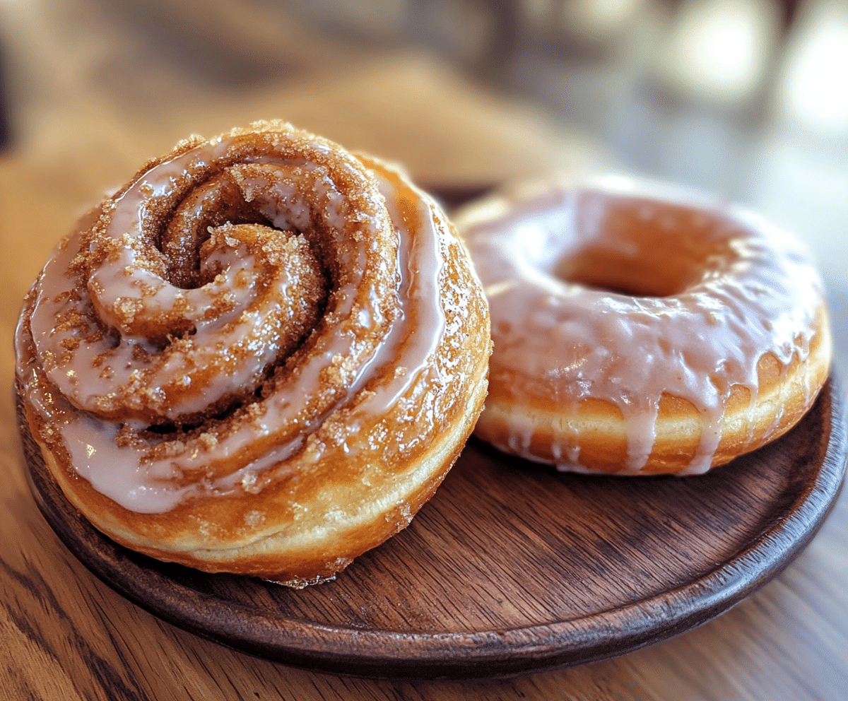 Cinnamon roll and Pershing donut side by side on a plate.