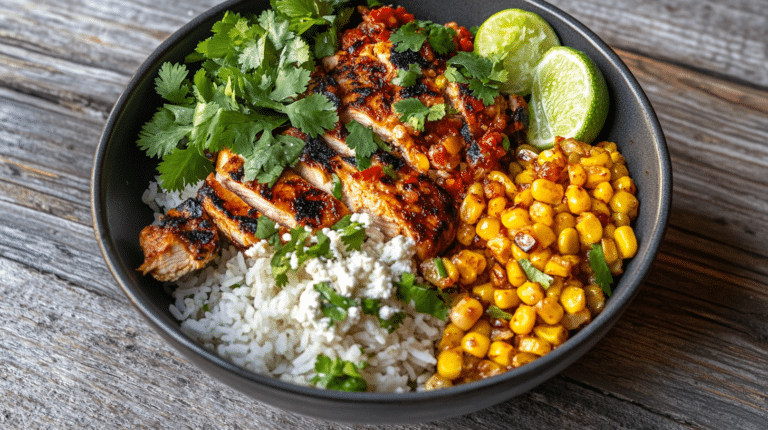 Street Corn Chicken Rice Bowl served in a rustic bowl