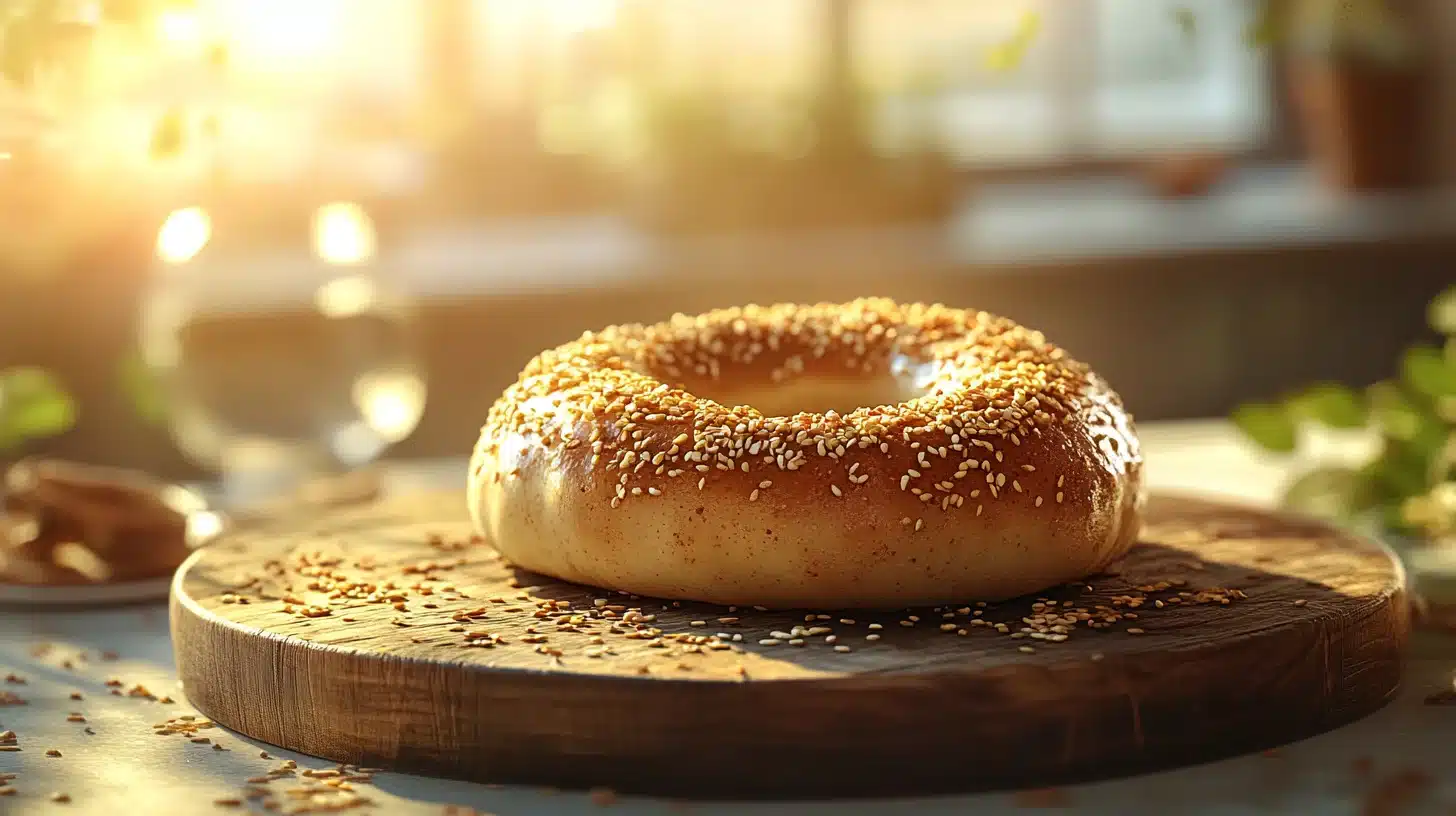 A bagel with sesame seeds on a wooden board.