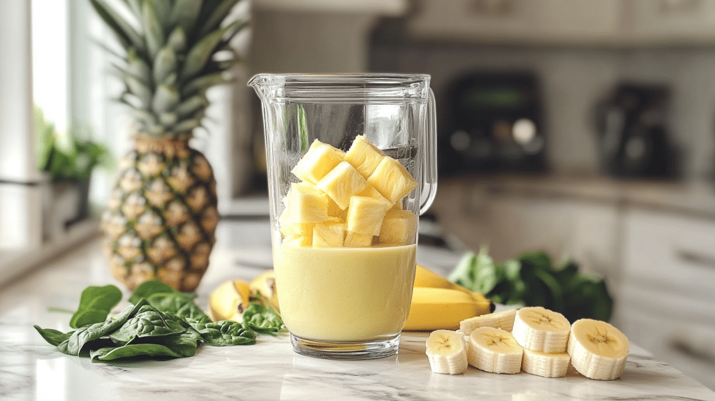 Smoothie preparation with pineapple, milk, bananas, and spinach