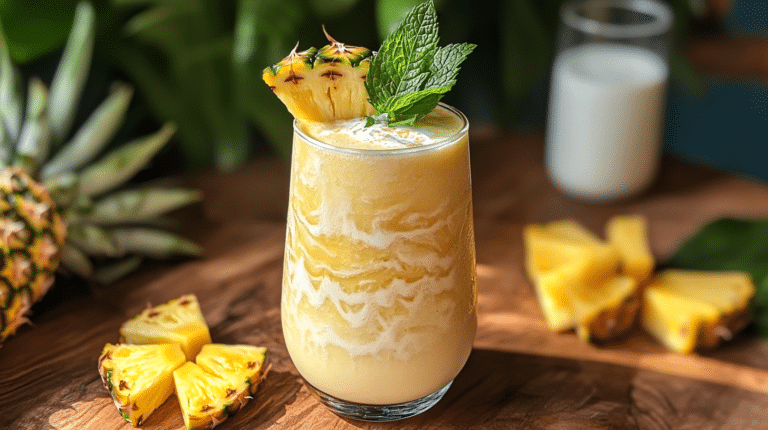 Pineapple smoothie with milk swirls garnished with a pineapple slice and mint
