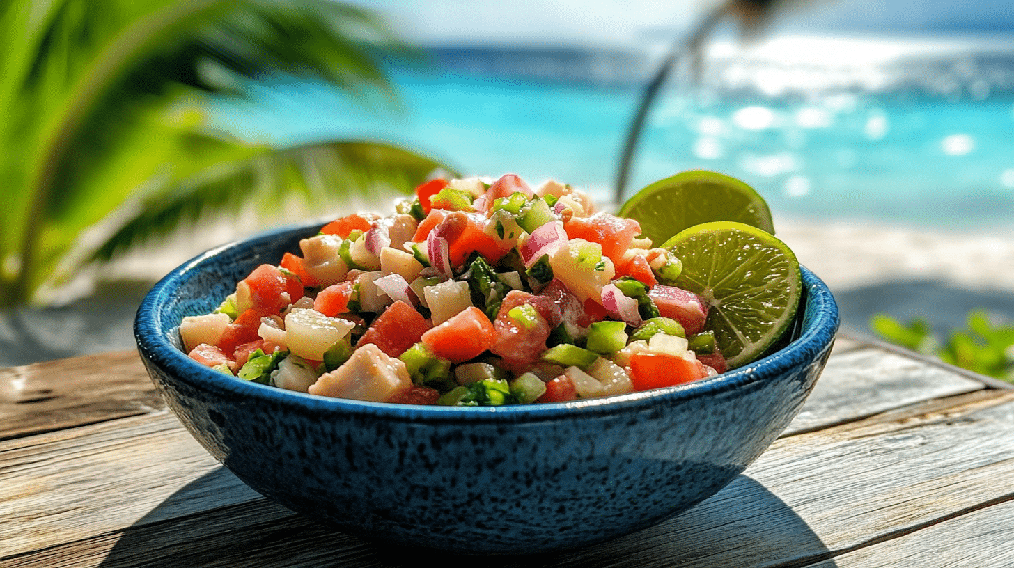 A bowl of vibrant conch salad with fresh vegetables and lime wedges, set against a tropical beach background.