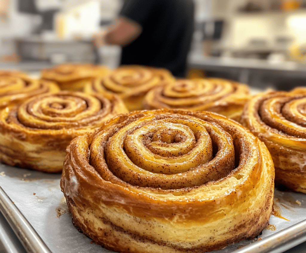 Traditional cinnamon rolls on a baking tray.