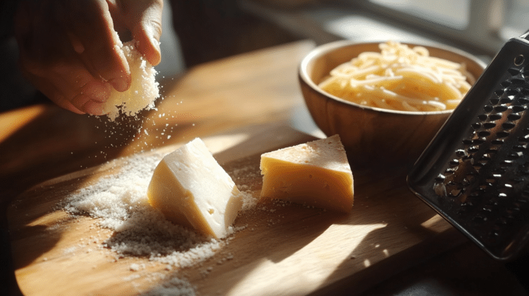 A rustic kitchen showcasing shredded and grated Parmesan cheese on a wooden board.