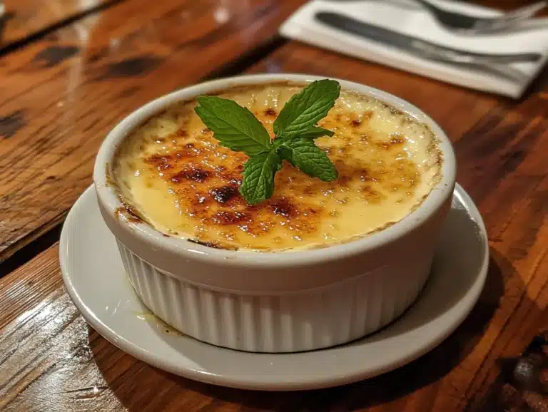 A close-up of a classic crème brûlée with a caramelized sugar crust.