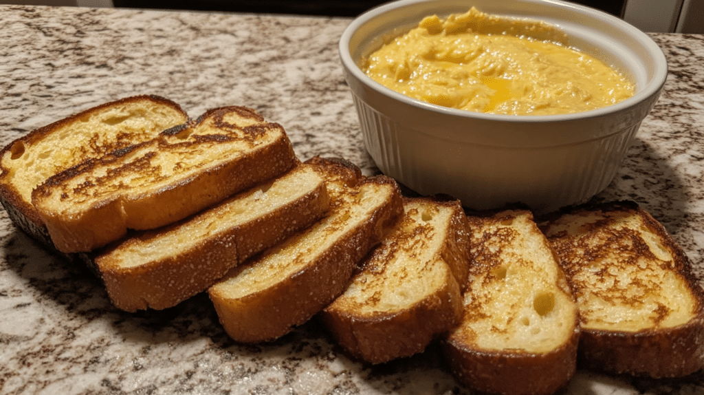 Thick slices of challah bread next to a bowl of custard mixture.