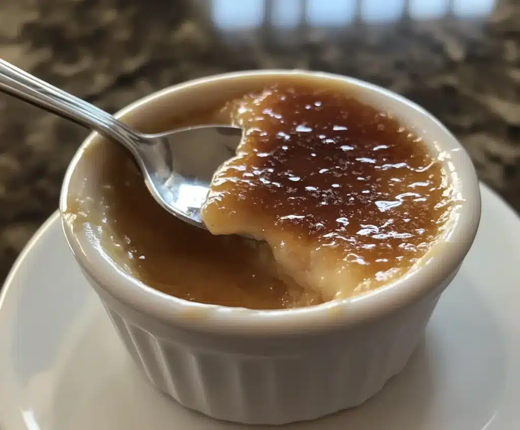 A spoon cracking the caramelized top of a Crème Brûlée