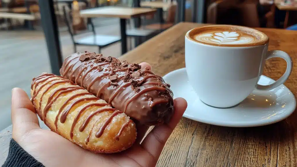 A person holding a Long John donut in one hand with a coffee cup in the other.