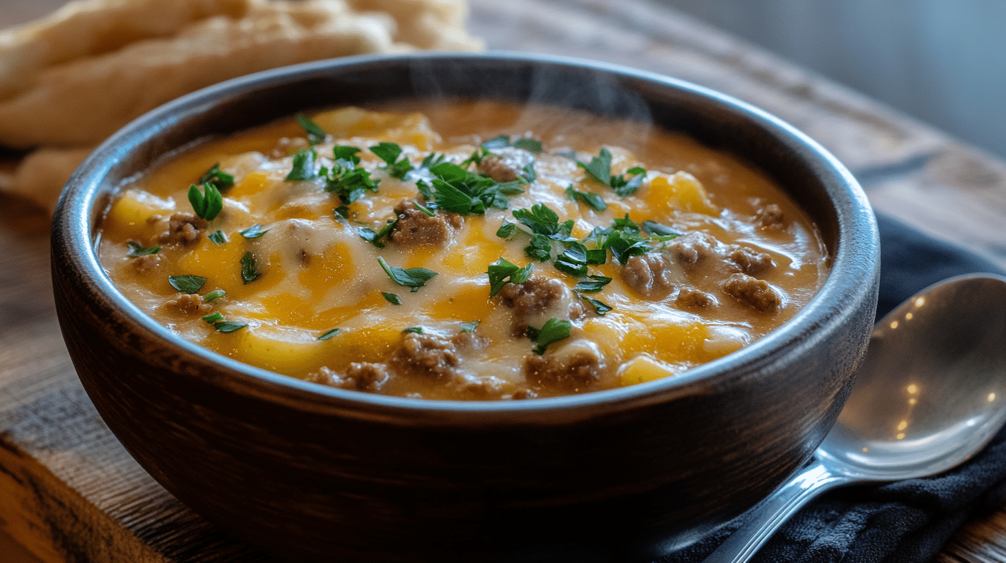 A steaming bowl of cheesy hamburger potato soup garnished with parsley.