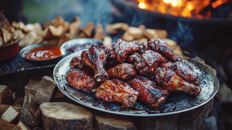 A plate of tender smoked turkey wings with dipping sauces on a rustic BBQ setup.